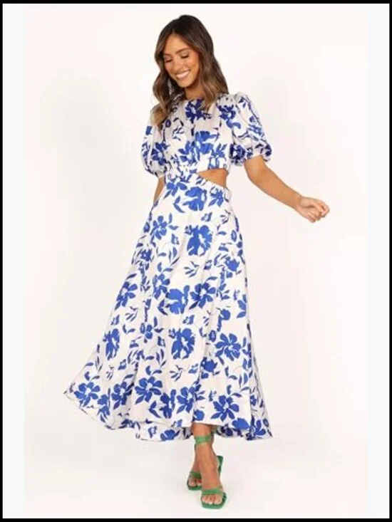 Maxi Dress with Puff Sleeves, Elastic Waist, Side Cutouts, Pockets - Picture 7 of 7
